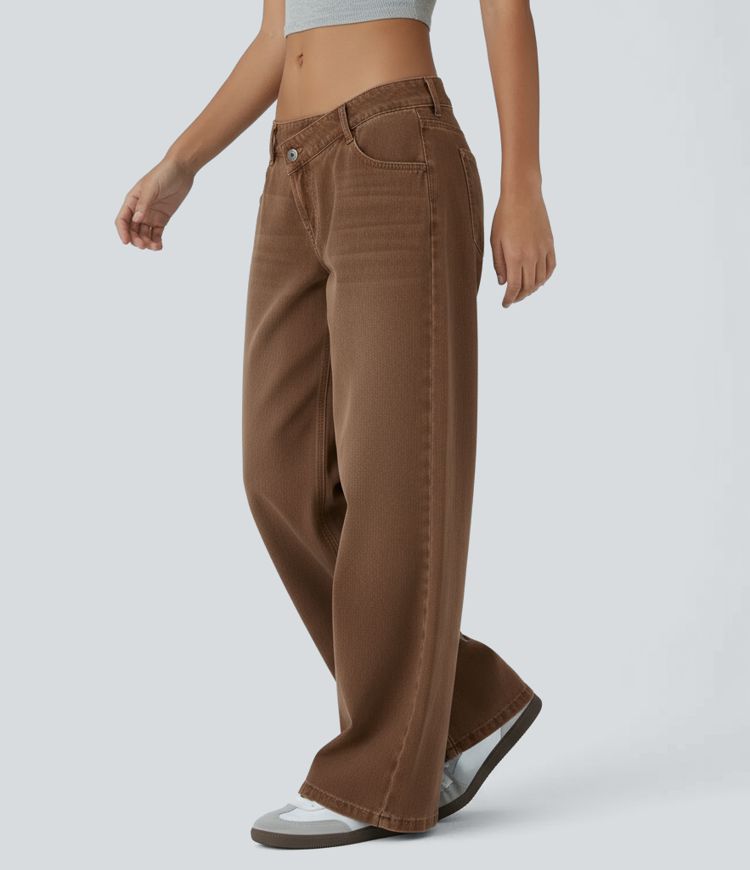 Jean décontracté Halara Flex™ asymétrique taille basse jambes larges, délavé et coloré, avec poches