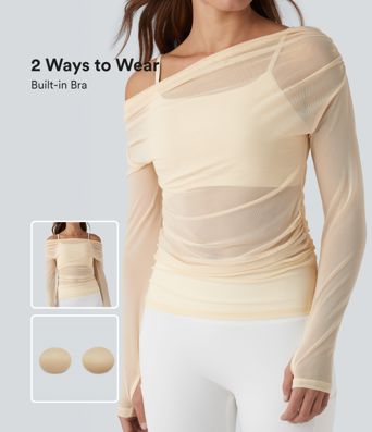 One-shoulder Long Sleeve Thumb Holes Ruched Mesh 2-in-1 Yoga Sports Top