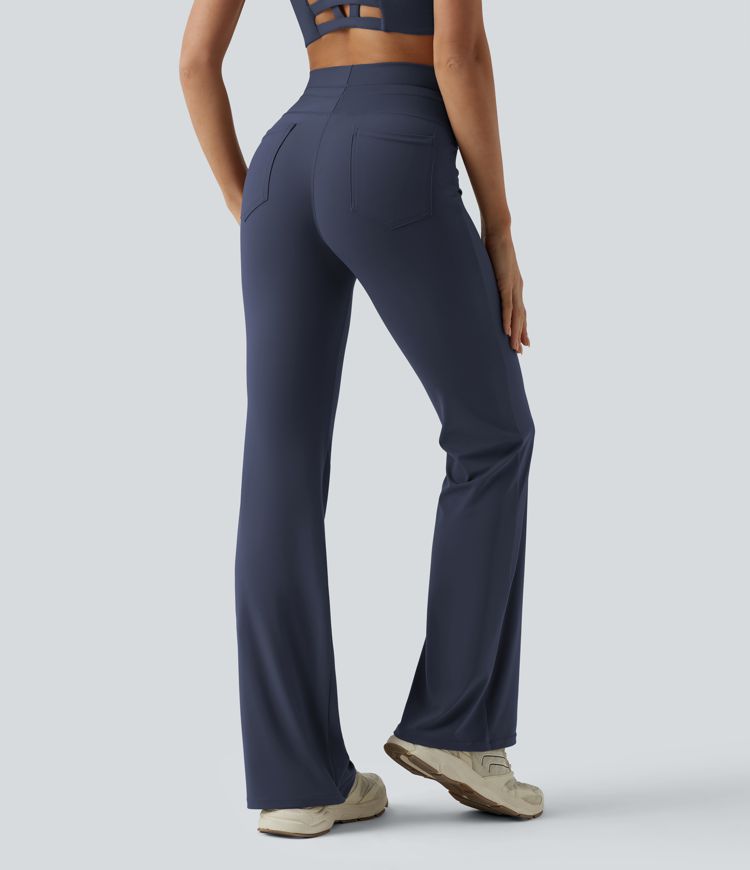 High Waisted Drawstring Plain Flare Yoga Pants with Pockets