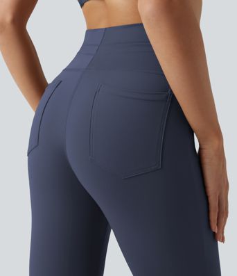 High Waisted Drawstring Plain Flare Yoga Pants with Pockets