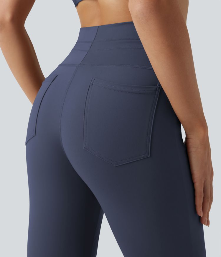 High Waisted Drawstring Plain Flare Yoga Pants with Pockets