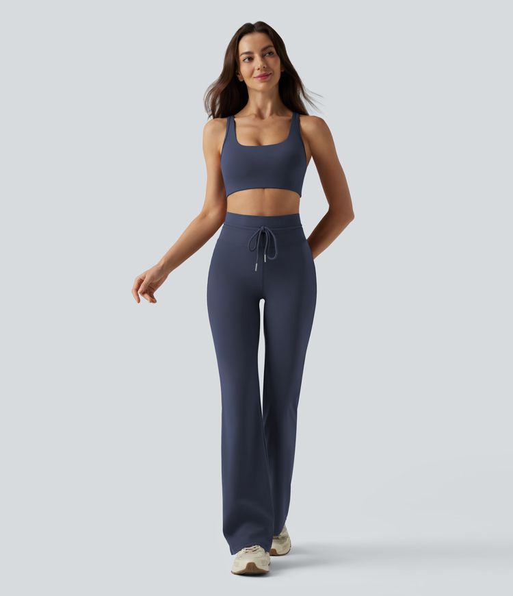 High Waisted Drawstring Plain Flare Yoga Pants with Pockets