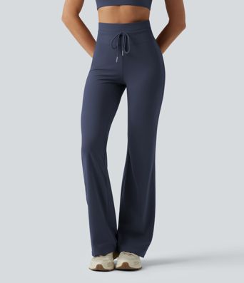 High Waisted Drawstring Plain Flare Yoga Pants with Pockets