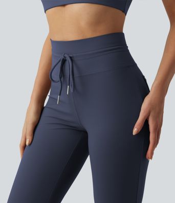 High Waisted Drawstring Plain Flare Yoga Pants with Pockets
