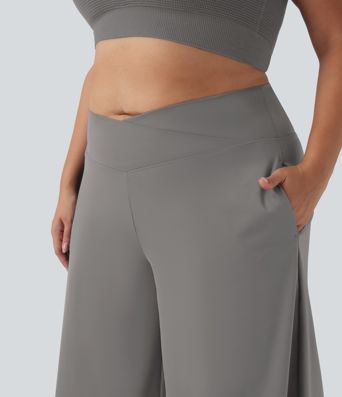 SoftlyZero™ Airy Crossover High Waisted Wide Leg Cool Touch Yoga Pedal Pusher Plus Size Trousers with Pockets SoftlyZero™ Airy Crossover High Waisted Wide Leg Cool Touch Yoga Pedal Pusher Plus Size Trousers with Pockets