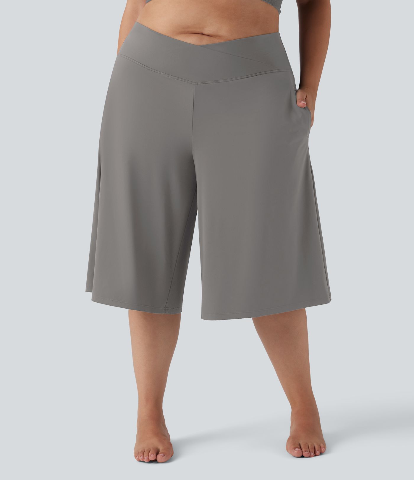 SoftlyZero™ Airy Crossover High Waisted Wide Leg Cool Touch Yoga Pedal Pusher Plus Size Trousers with Pockets SoftlyZero™ Airy Crossover High Waisted Wide Leg Cool Touch Yoga Pedal Pusher Plus Size Trousers with Pockets