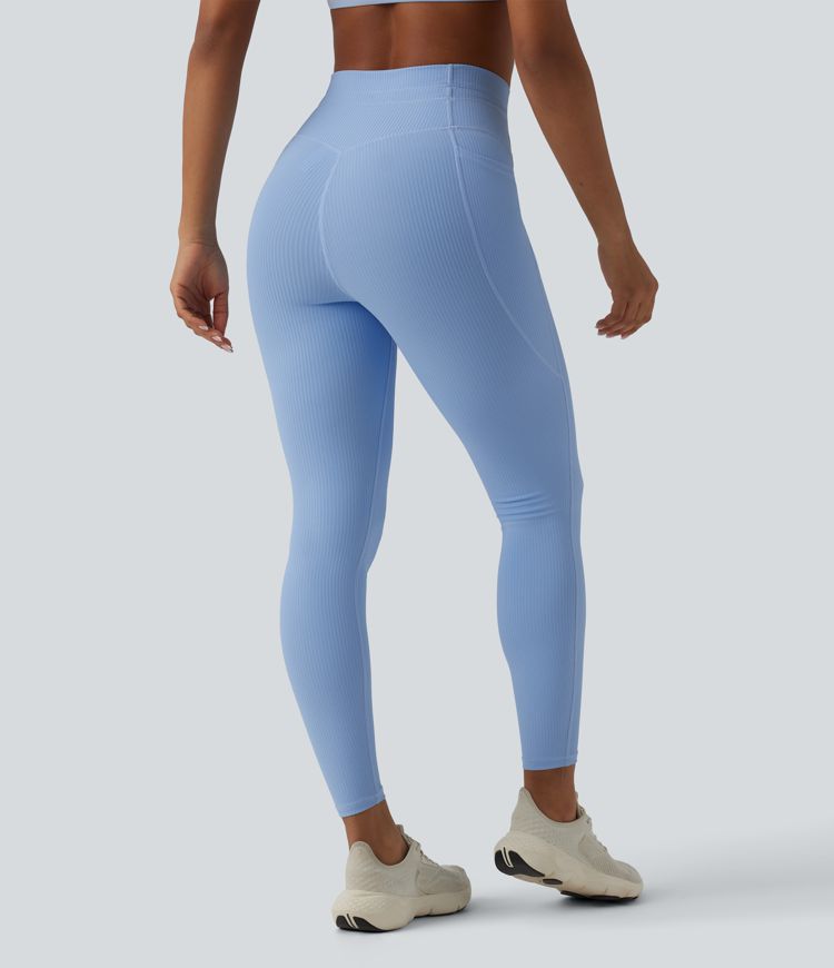 Ribbed Knit High Waisted Drawstring Tummy Control Quick Dry Workout Leggings with Pockets-UPF50+