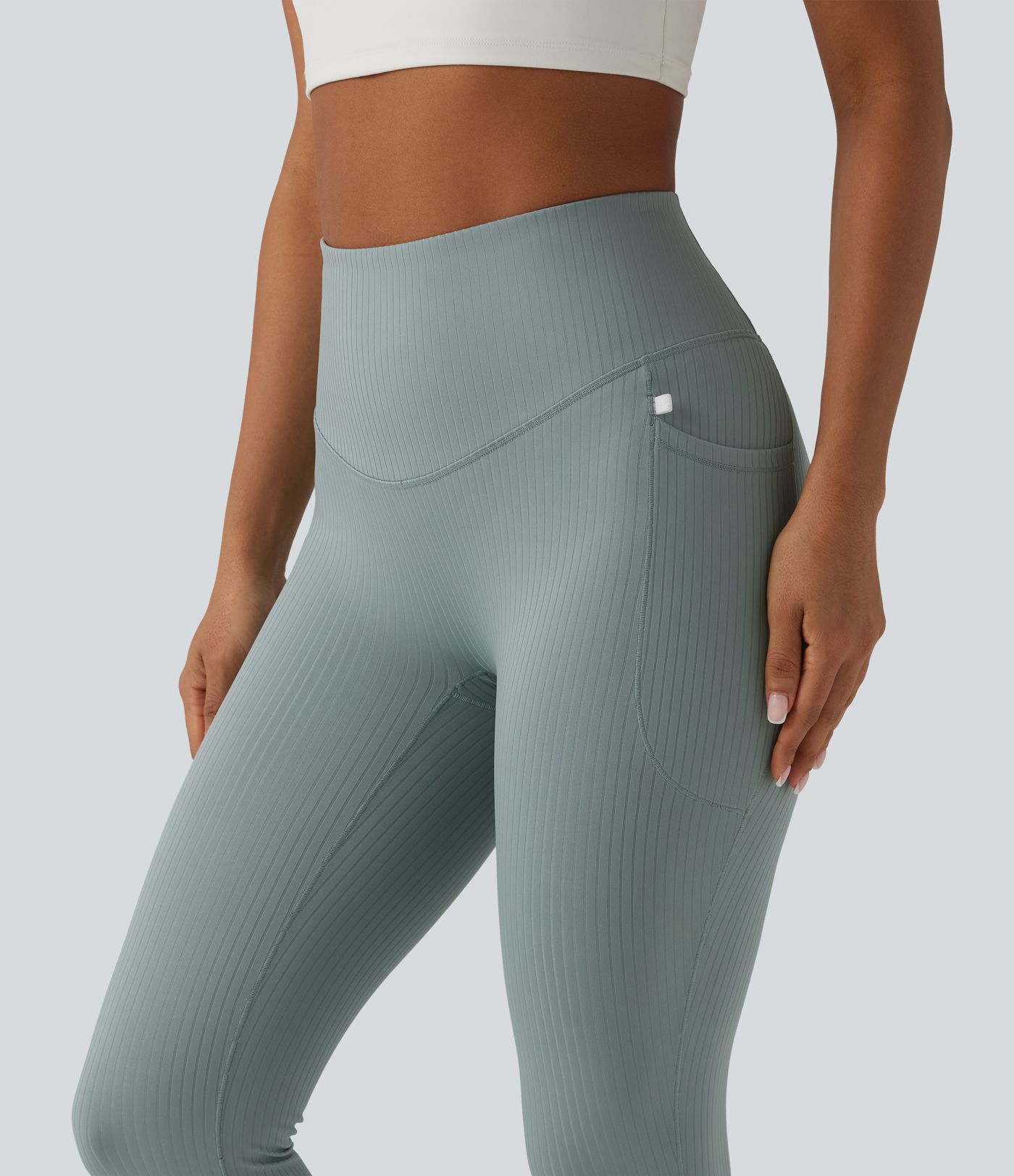 Ribbed Knit High Waisted Tummy Control Workout Leggings with Pockets
