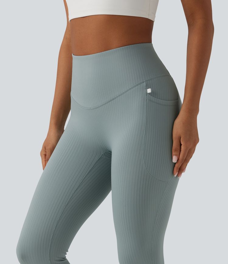 Ribbed Knit High Waisted Tummy Control Workout Leggings with Pockets