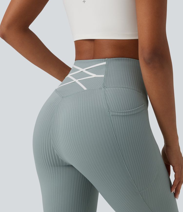Ribbed Knit High Waisted Tummy Control Workout Leggings with Pockets