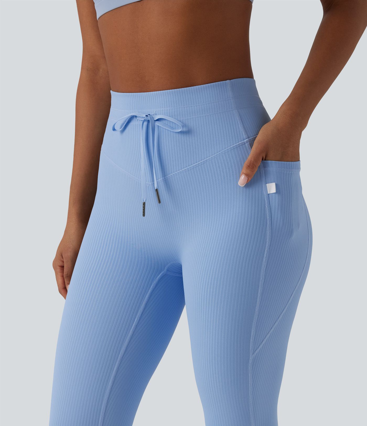 Ribbed Knit High Waisted Drawstring Tummy Control Quick Dry Workout Leggings with Pockets-UPF50+