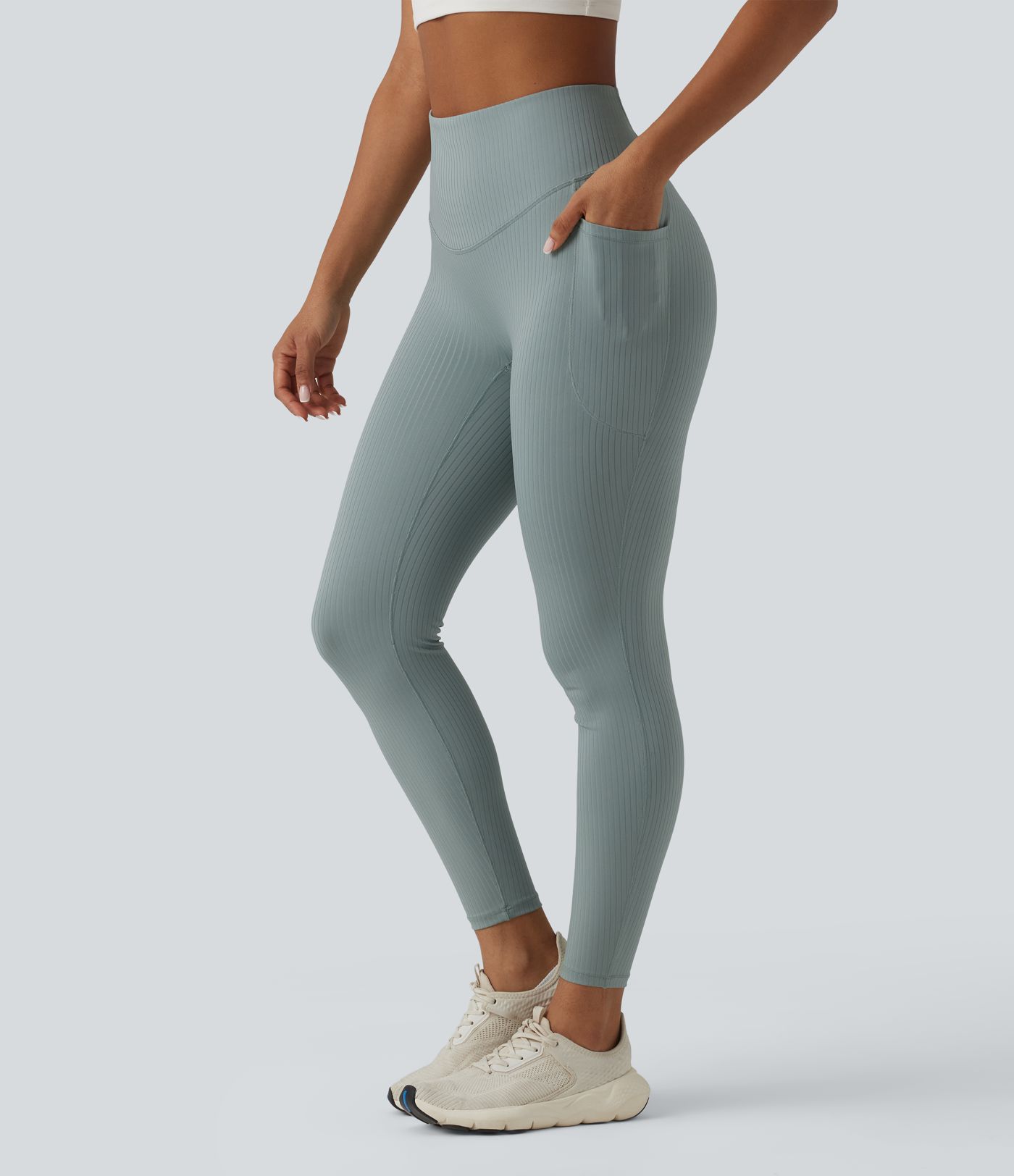 Ribbed Knit High Waisted Tummy Control Workout Leggings with Pockets