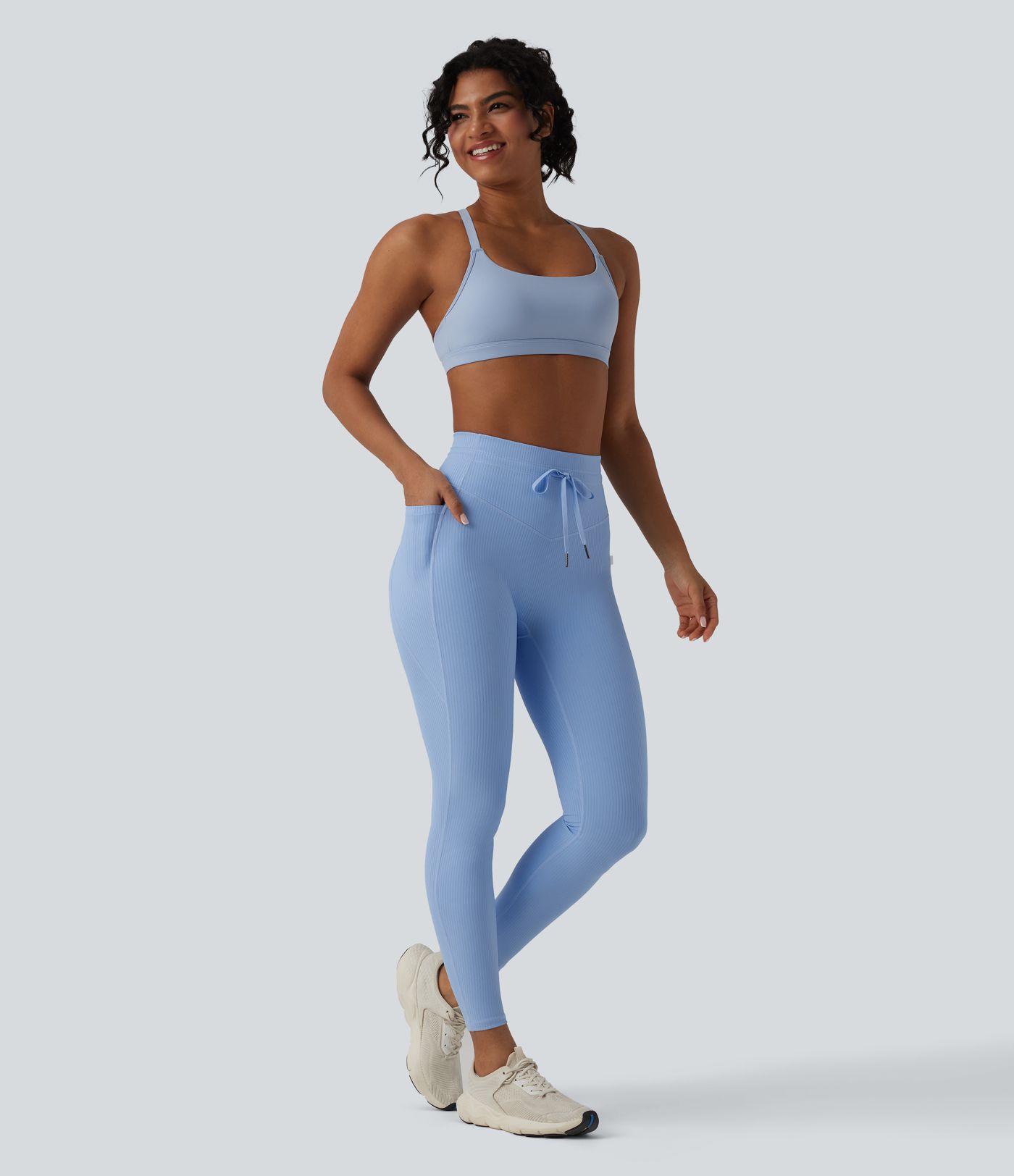 Ribbed Knit High Waisted Drawstring Tummy Control Quick Dry Workout Leggings with Pockets-UPF50+