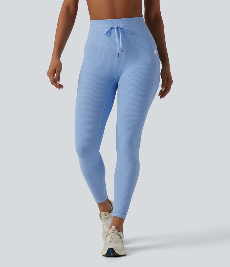 Ribbed Knit High Waisted Drawstring Tummy Control Quick Dry Workout Leggings with Pockets-UPF50+