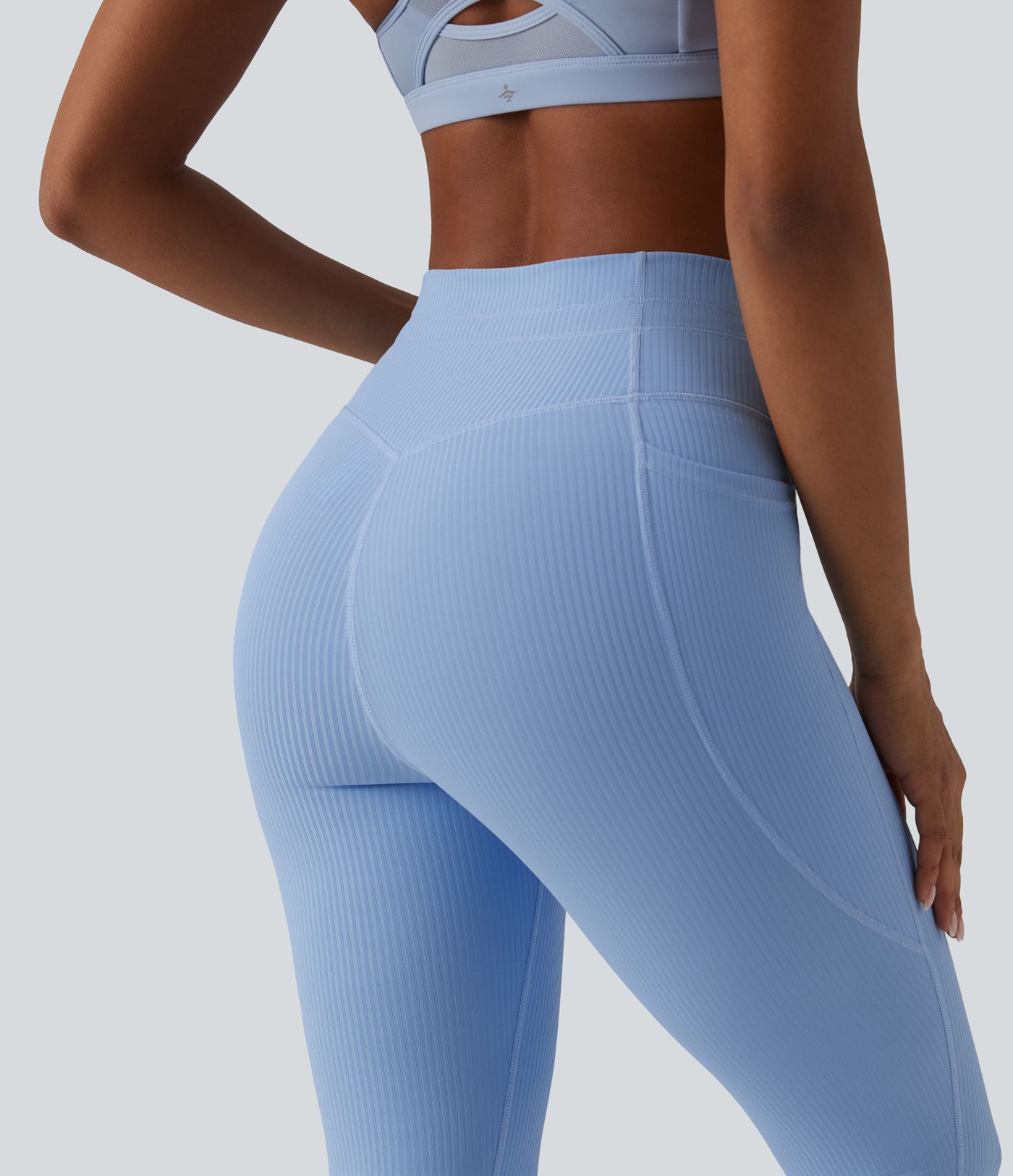 Ribbed Knit High Waisted Drawstring Tummy Control Quick Dry Workout Leggings with Pockets-UPF50+
