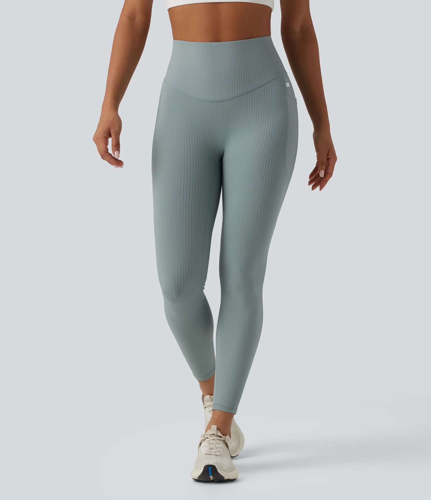 Ribbed Knit High Waisted Tummy Control Workout Leggings with Pockets