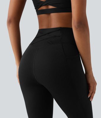 Ribbed Knit High Waisted Tummy Control Workout Leggings with Pockets