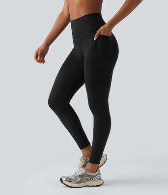 Ribbed Knit High Waisted Tummy Control Workout Leggings with Pockets
