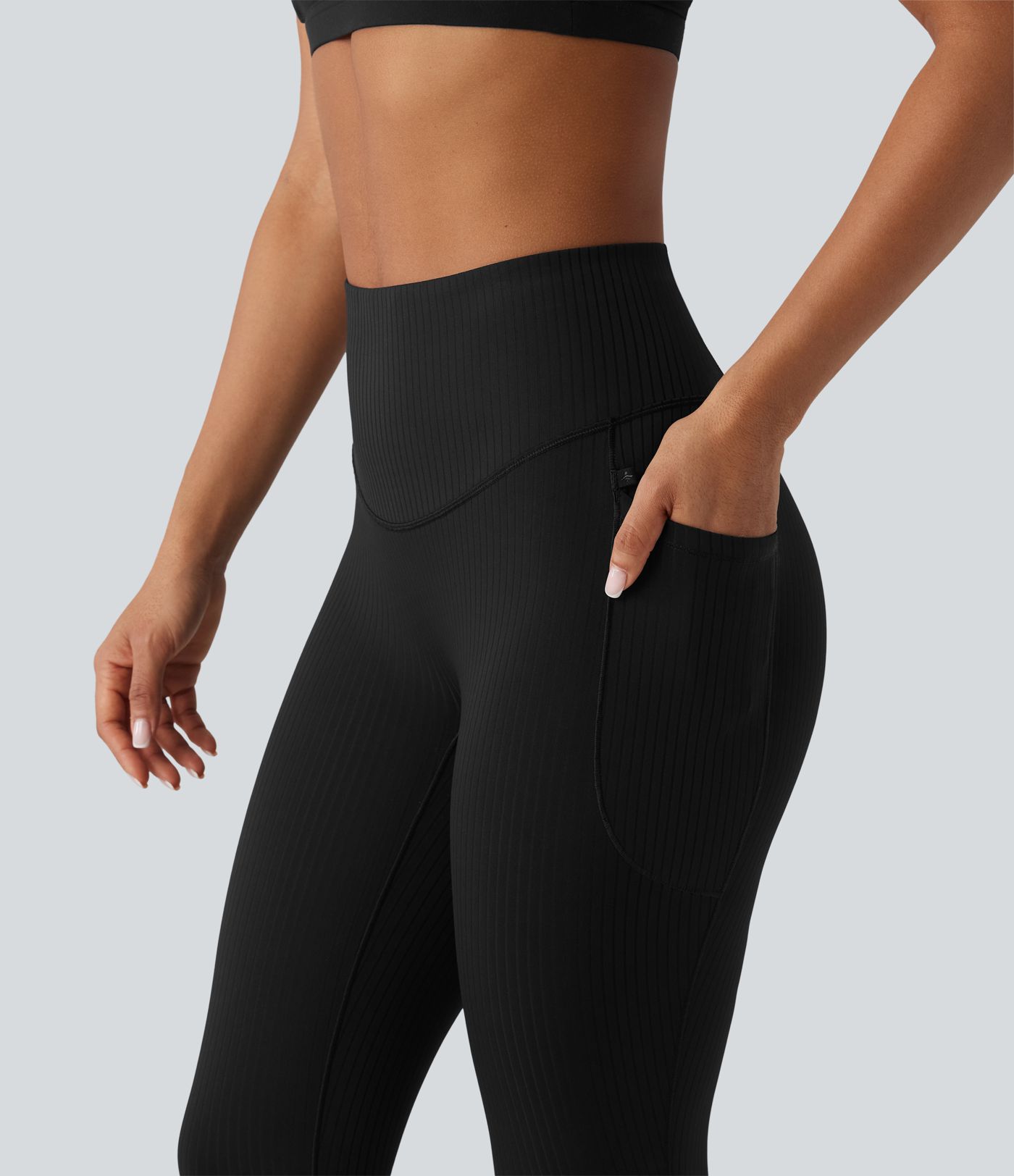 Ribbed Knit High Waisted Tummy Control Workout Leggings with Pockets