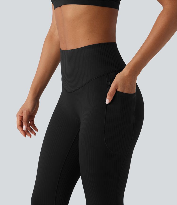 Ribbed Knit High Waisted Tummy Control Workout Leggings with Pockets