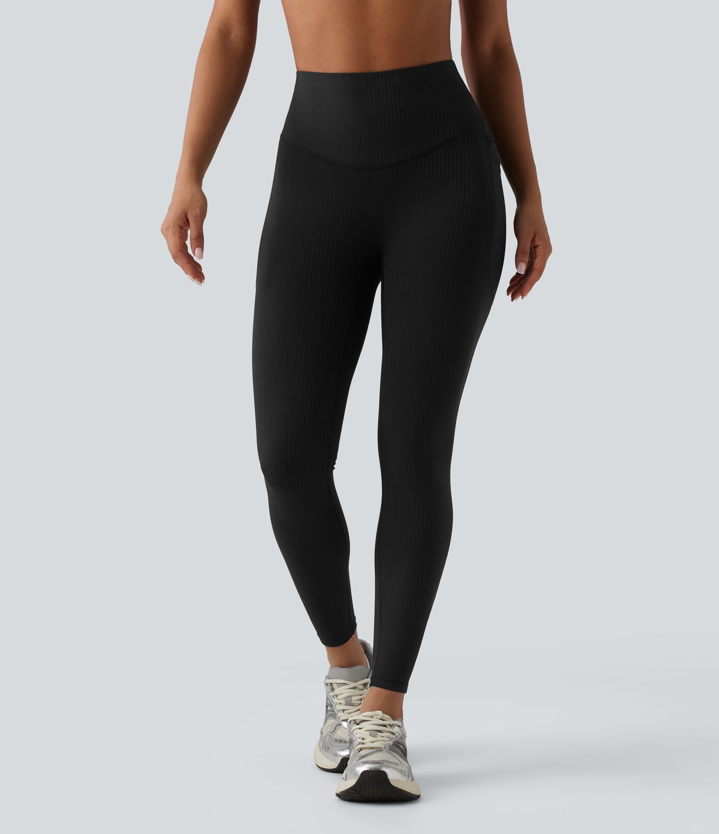Ribbed Knit High Waisted Tummy Control Workout Leggings with Pockets