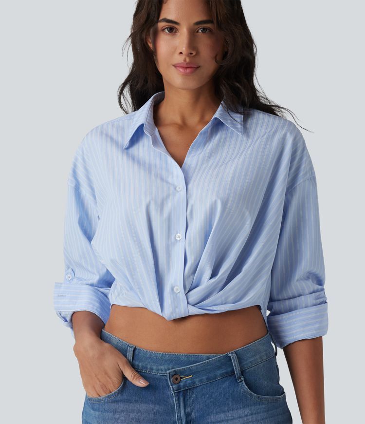 Collar Roll Up Sleeve Twisted High Low Stripes Casual Shirt