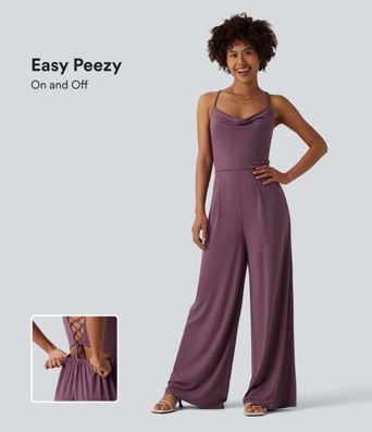 Cowl Neck Lace Up Slip Jumpsuit with Pockets-Easy Peezy Edition