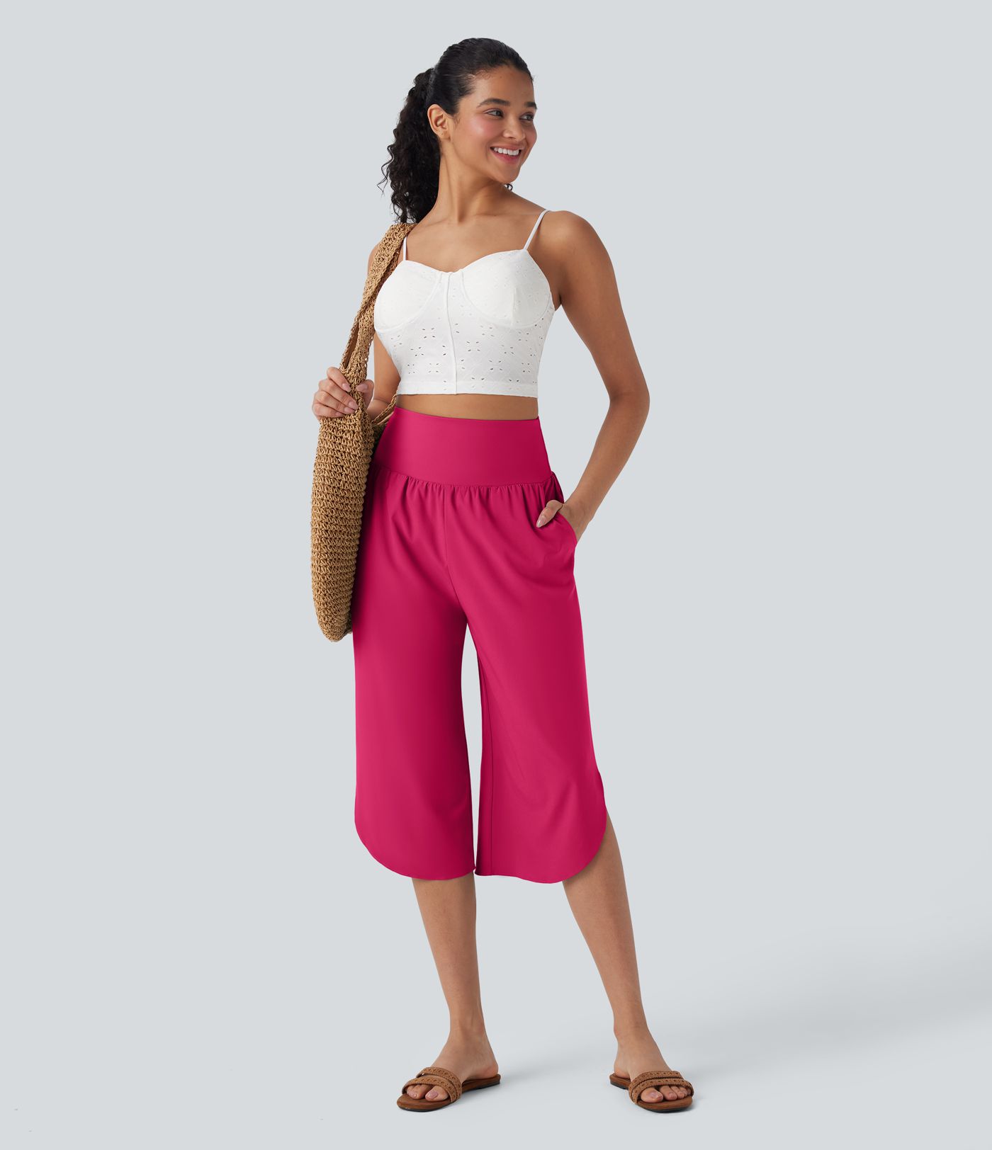 Breezeful™ High Waisted Tummy Control Hem Quick Dry Capri Pants with Pockets