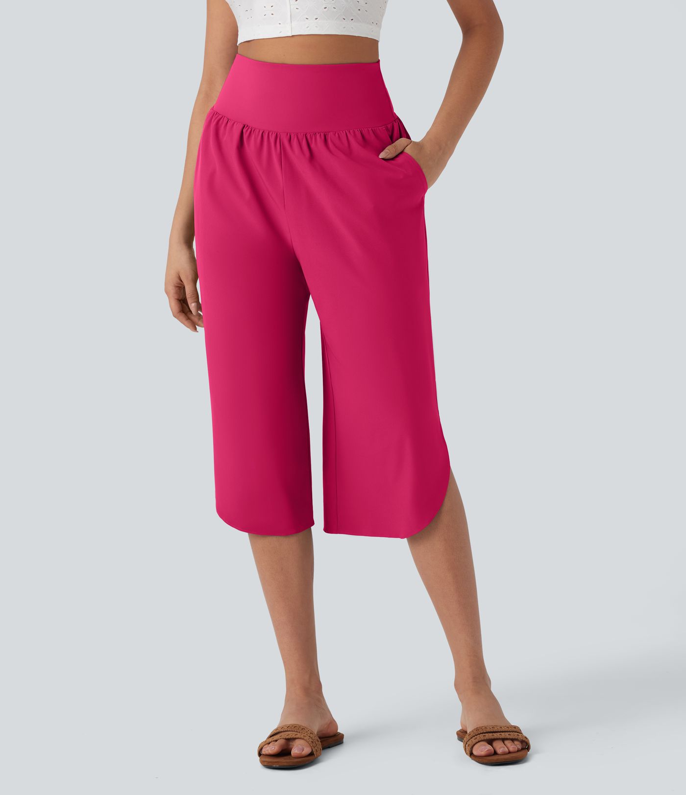 Breezeful™ High Waisted Tummy Control Hem Quick Dry Capri Pants with Pockets