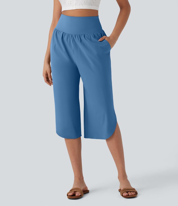 Breezeful™ High Waisted Tummy Control Hem Quick Dry Capri Pants with Pockets