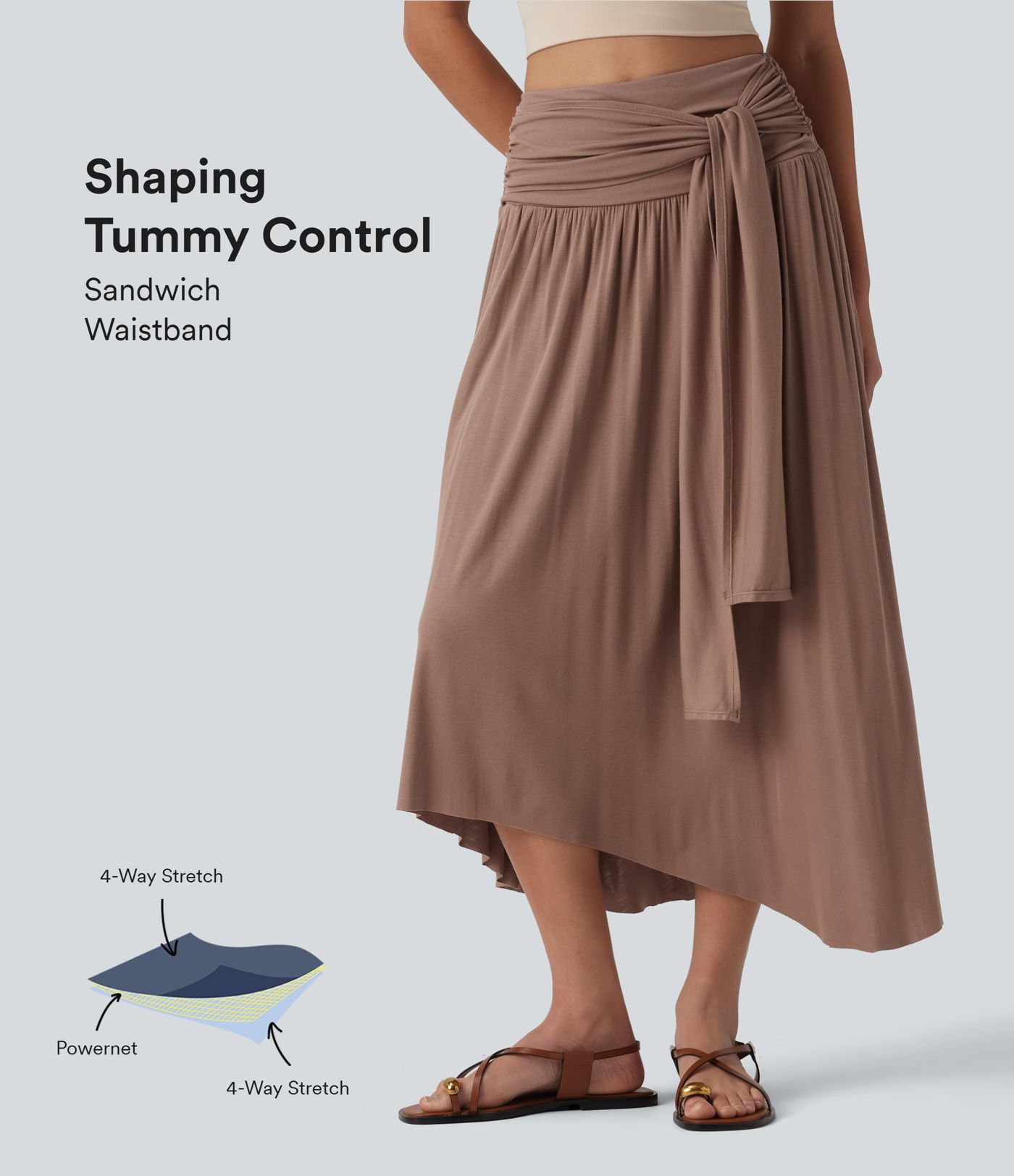 Jupe midi fluide casual gainante côtelée taille haute à nœuds latéraux et ourlet asymétrique avec poches