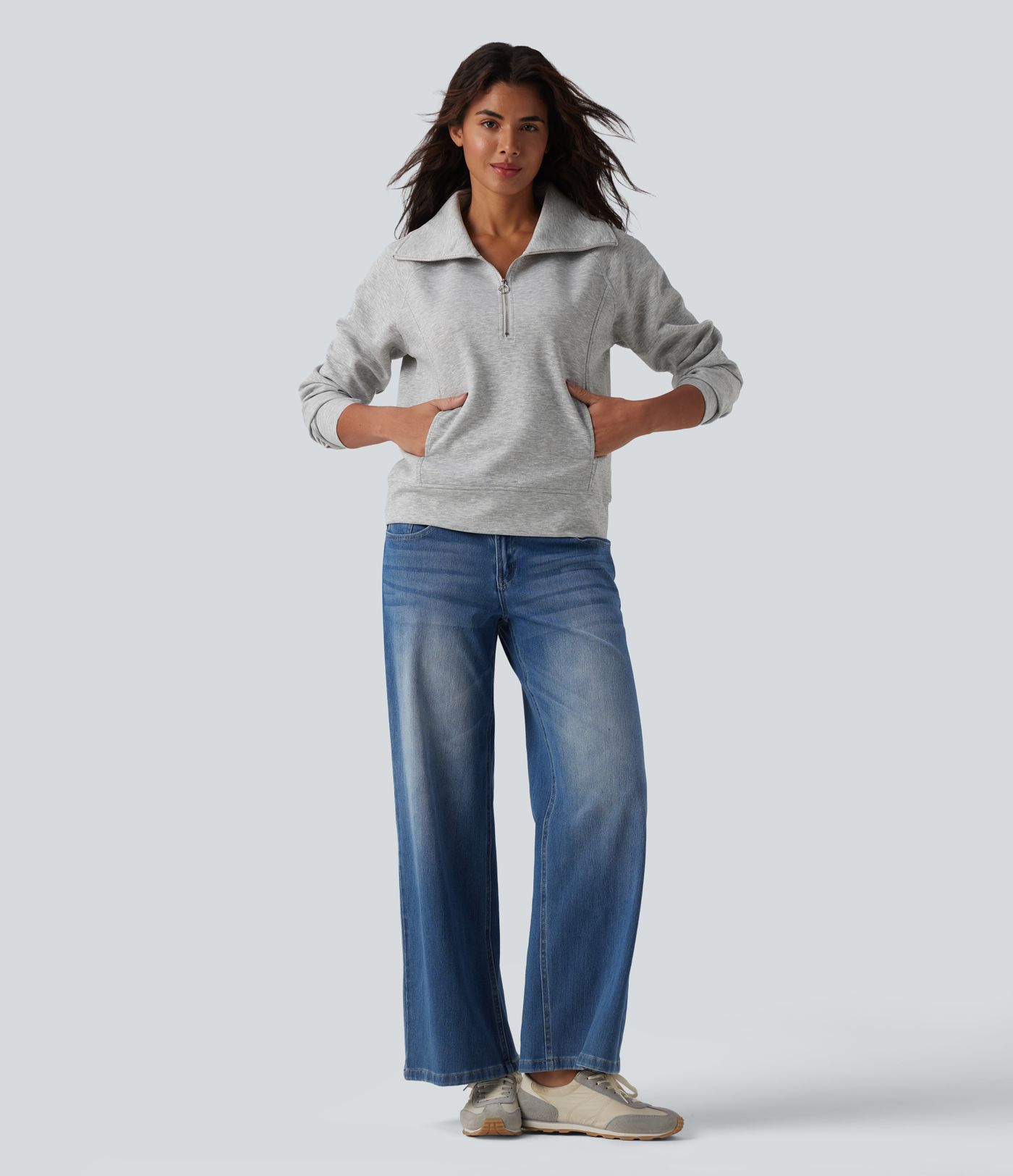 Felpa casual con collo a rever e mezza zip, maniche lunghe, apertura per i pollici e tasche