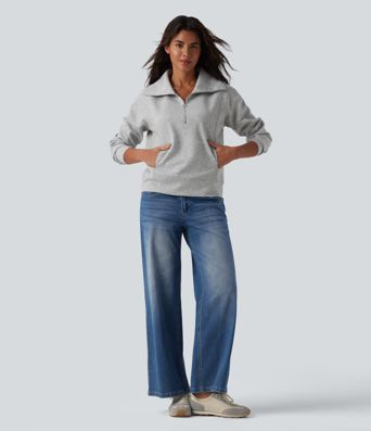 Felpa casual con collo a rever e mezza zip, maniche lunghe, apertura per i pollici e tasche