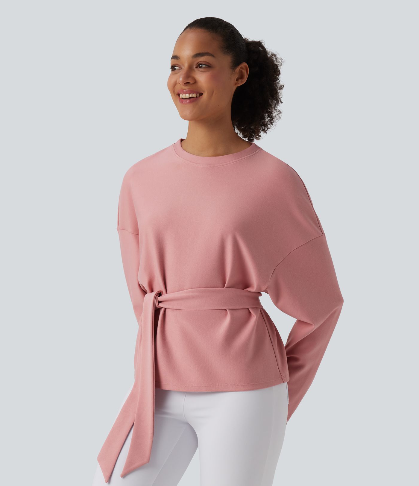 Crew Neck Batwing Long Sleeve Belted Relaxed Casual Top