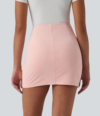 High-Waist geraffter Bodycon-Minirock mit Wickelsaum, Wildleder-Optik, lässig