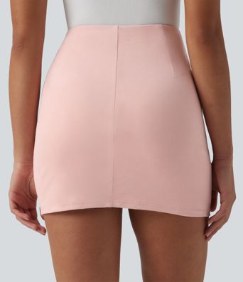 High-Waist geraffter Bodycon-Minirock mit Wickelsaum, Wildleder-Optik, lässig