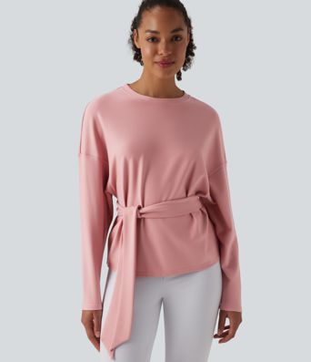 Crew Neck Batwing Long Sleeve Belted Relaxed Casual Top