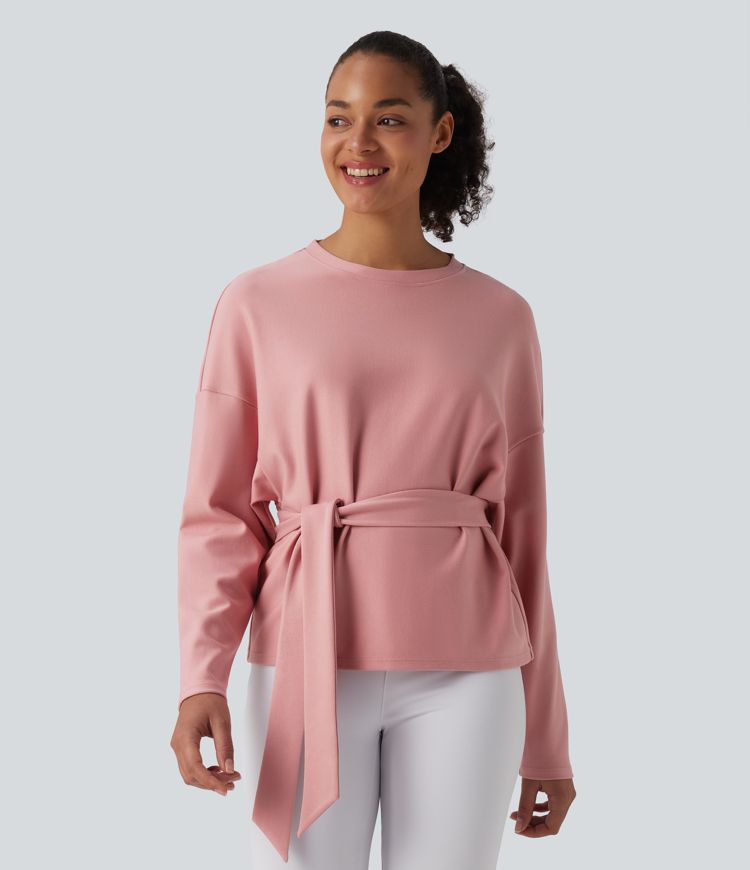 Crew Neck Batwing Long Sleeve Belted Relaxed Casual Top
