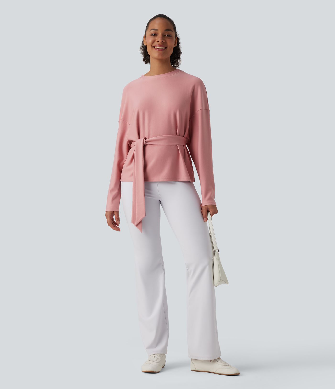 Crew Neck Batwing Long Sleeve Belted Relaxed Casual Top