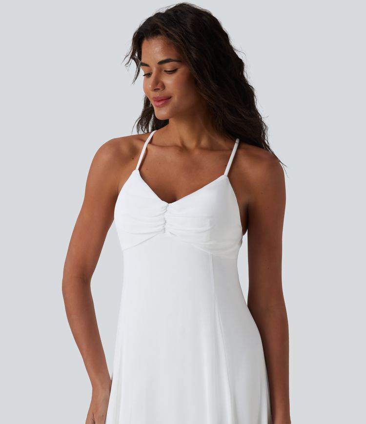 Robe longue fluide dos croisé avec superposition mesh pour demoiselle d'honneur et invitée mariage