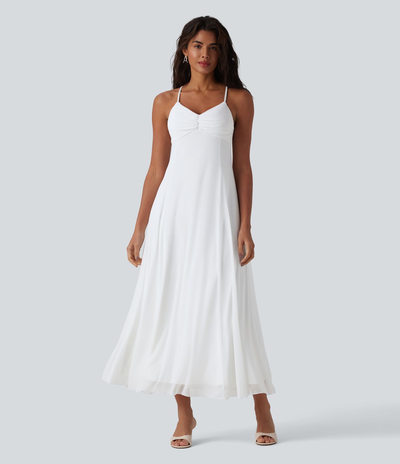 Robe longue fluide dos croisé avec superposition mesh pour demoiselle d'honneur et invitée mariage