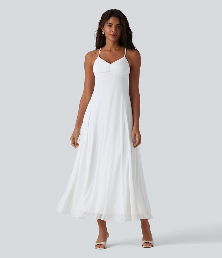 Robe longue fluide dos croisé avec superposition mesh pour demoiselle d'honneur et invitée mariage