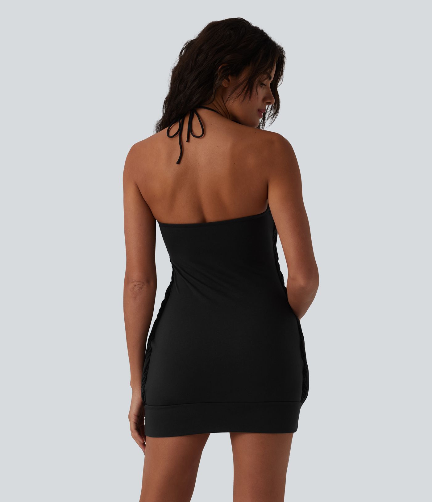 Robe micro mini moulante dos nu à nouer col américain