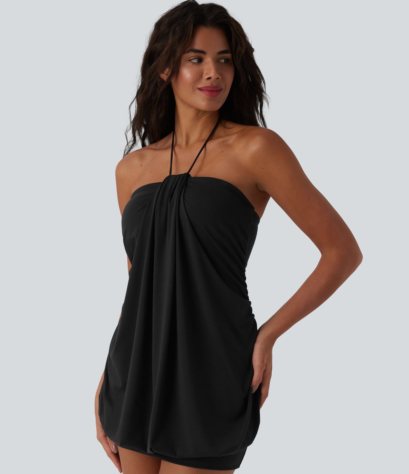 Robe micro mini moulante dos nu à nouer col américain