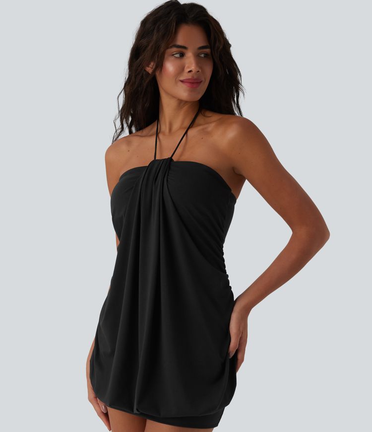 Robe micro mini moulante dos nu à nouer col américain