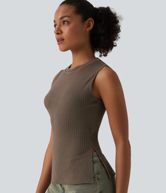 Round Neck Split Hem Ultra-slim Casual Tank Top