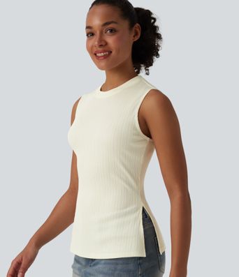 Round Neck Split Hem Ultra-slim Casual Tank Top