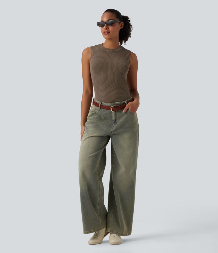 Round Neck Split Hem Ultra-slim Casual Tank Top