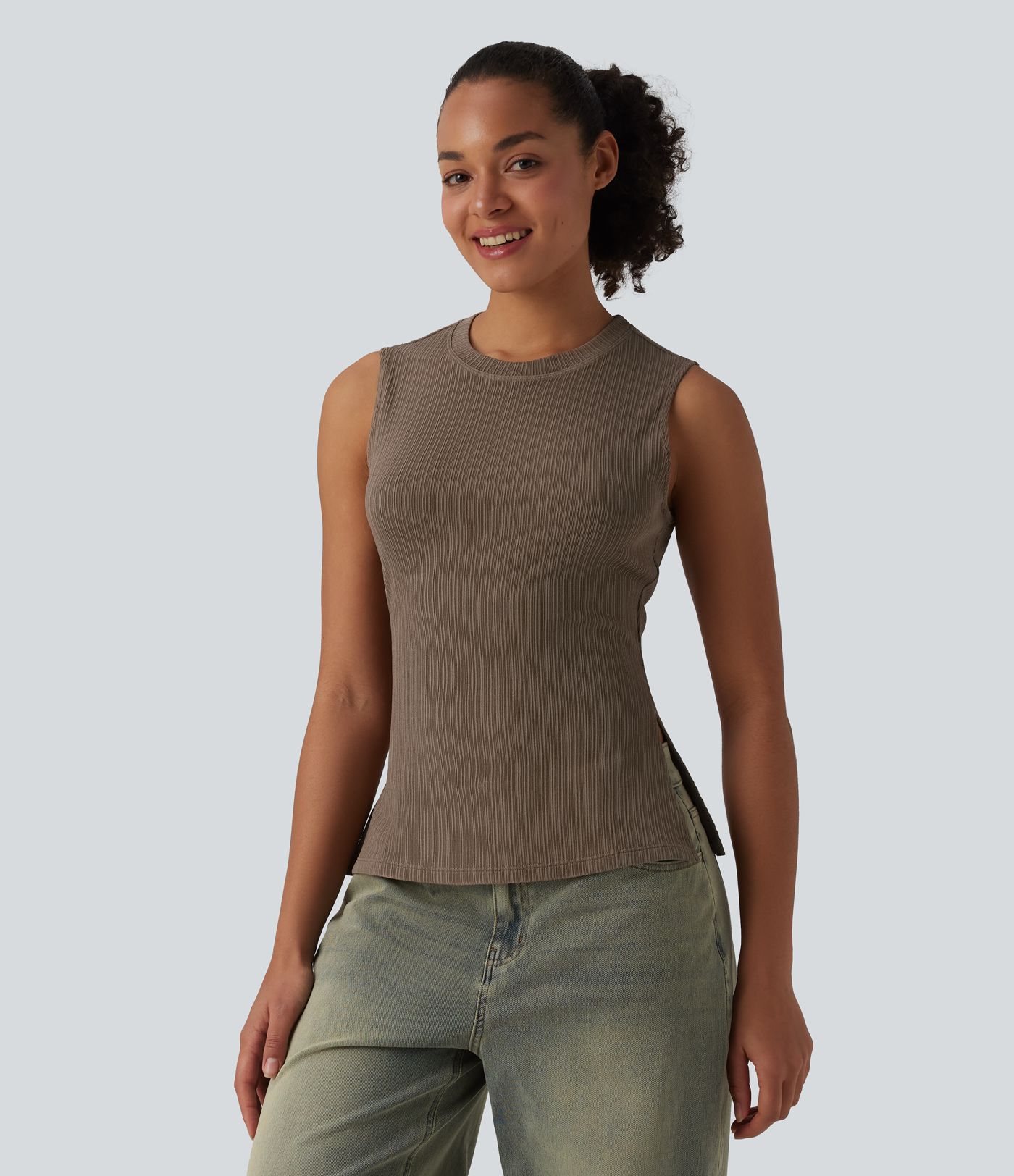 Round Neck Split Hem Ultra-slim Casual Tank Top