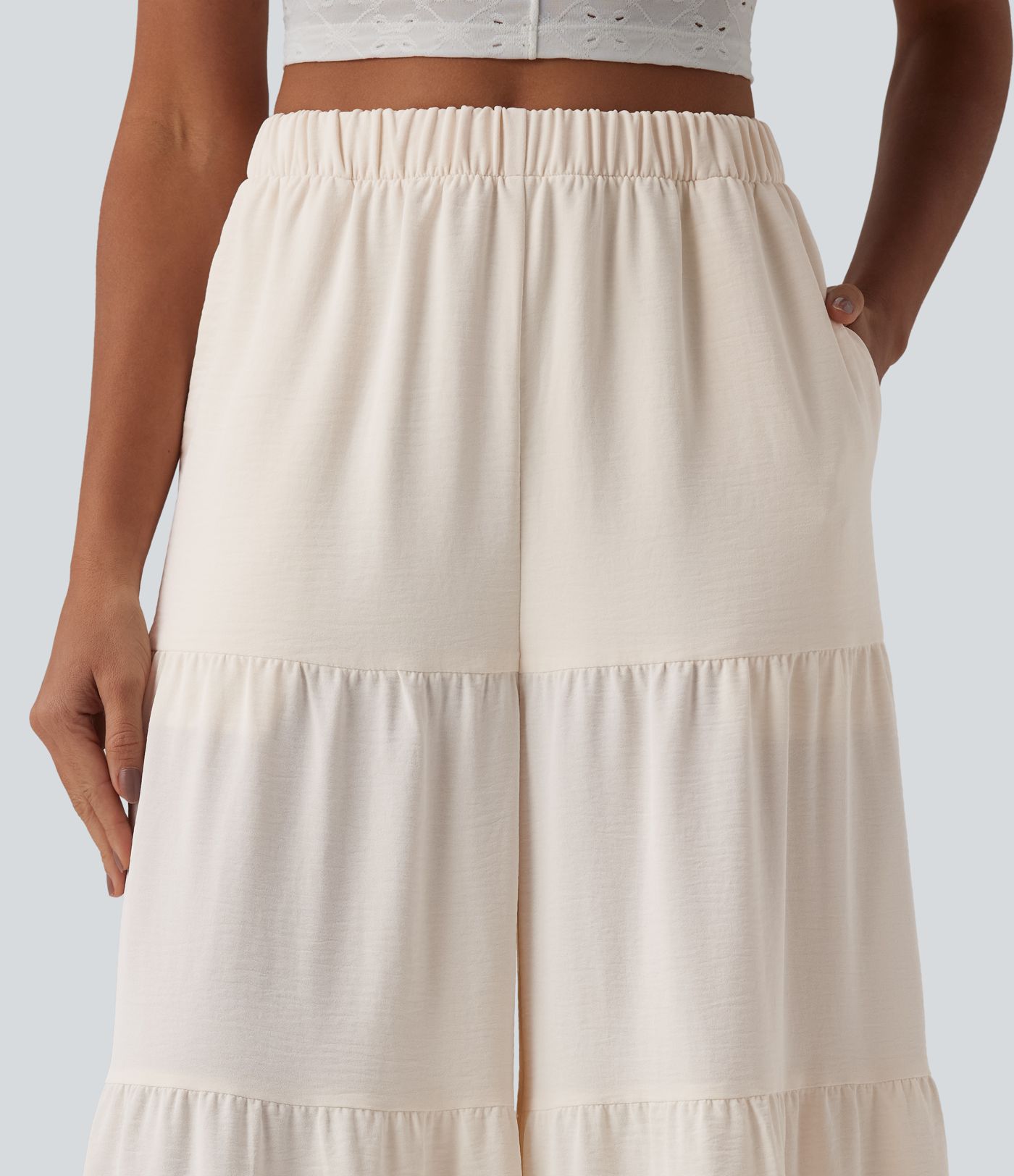 High Waisted Wide Leg Flowy Linen-Feel Trousers with Pockets